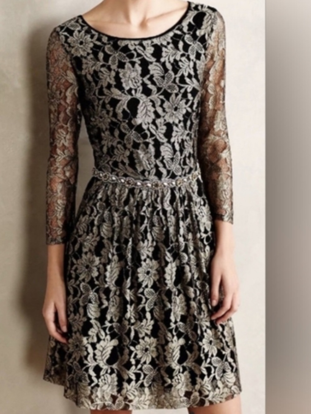 Maeve Black and Gold Lace Fit-and-Flare Dress, size 6